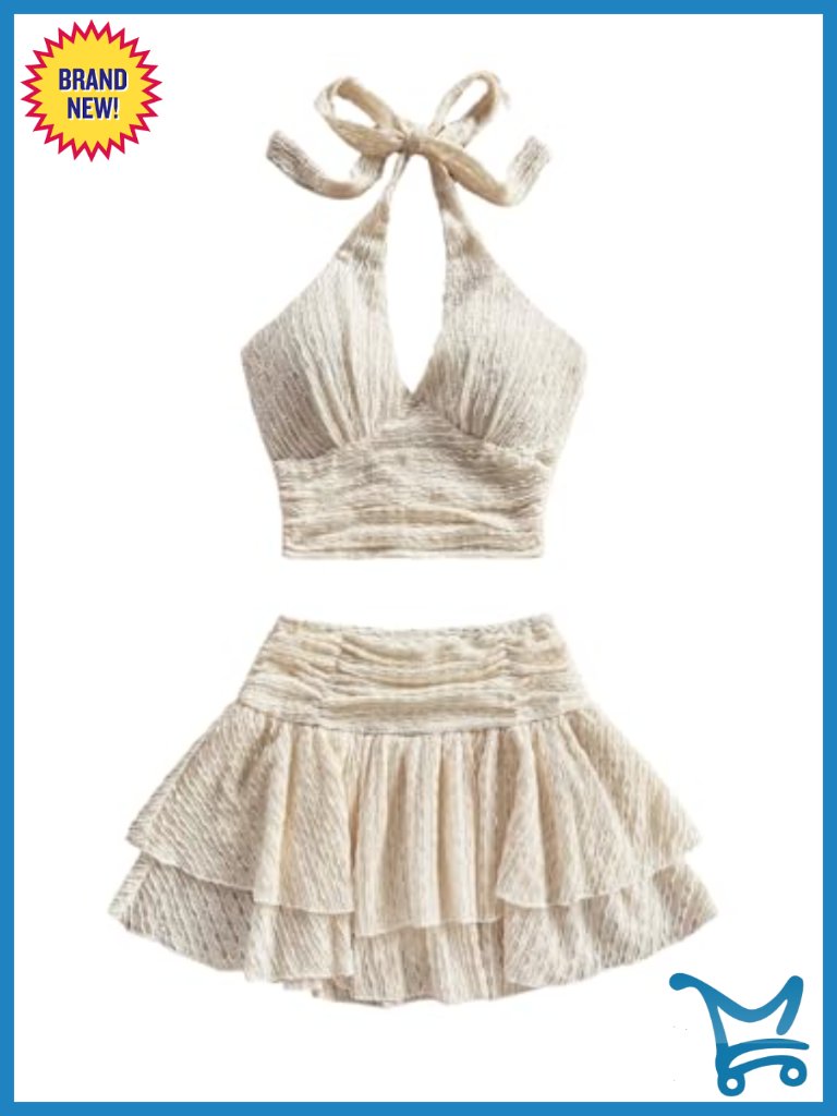 2 Piece Vacation Outfit Ruched Halter Crop Top & Ruffle Mini Skirt Set